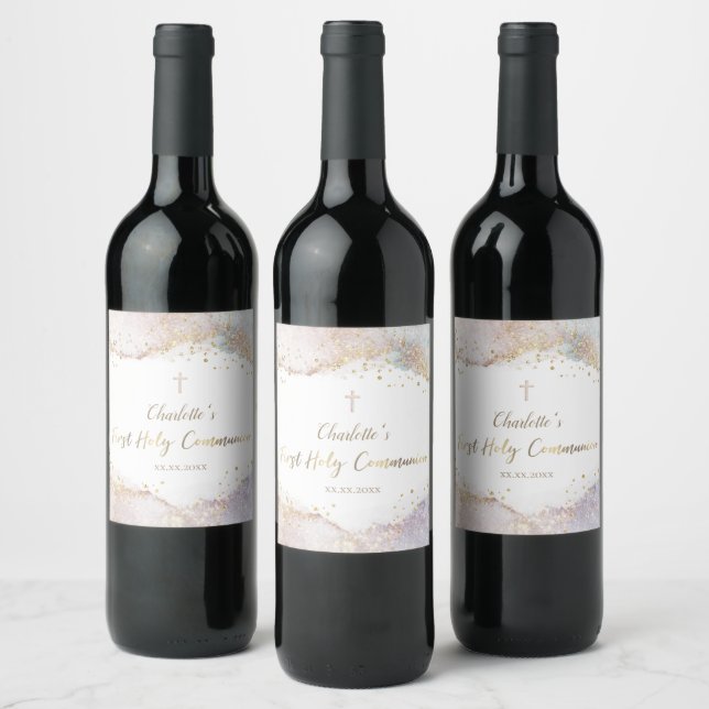watercolor splash glitter First Communion Wine Label (Bottles)