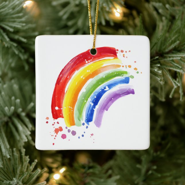 Watercolor Splash Rainbow Ceramic Ornament (Tree)