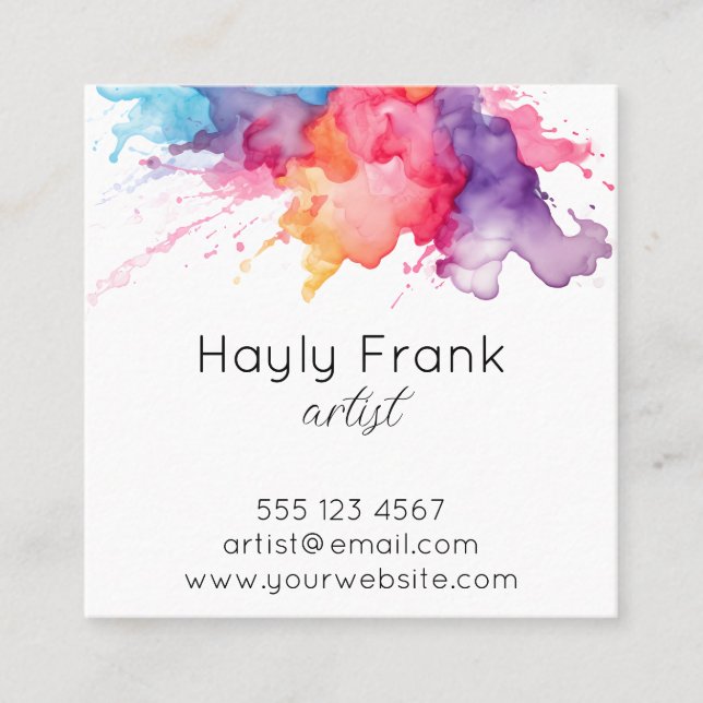 Watercolor Splash Rainbow Square Business Card (Front)