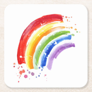 Watercolor Splash Rainbow Square Paper Coaster