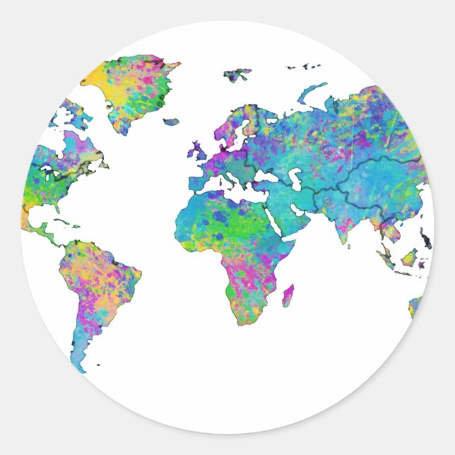 Watercolor Splashes World Map Classic Round Sticker (Front)