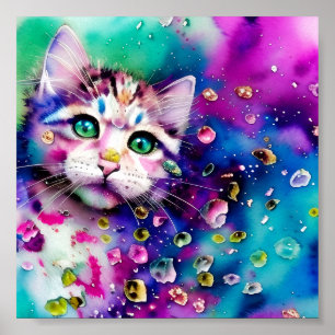 Watercolor splatter Kitty Poster