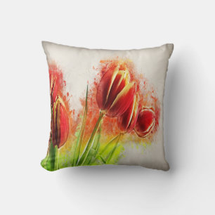 Watercolor Splatter Red Yellow Tulips Floral  Cushion