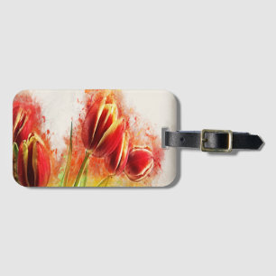 Watercolor Splatter Red Yellow Tulips Floral Luggage Tag