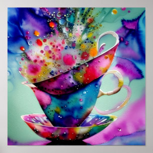 Watercolor splatter teacups poster