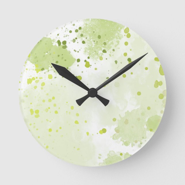 Watercolor Splatters Green and Sage Round Clock (Front)