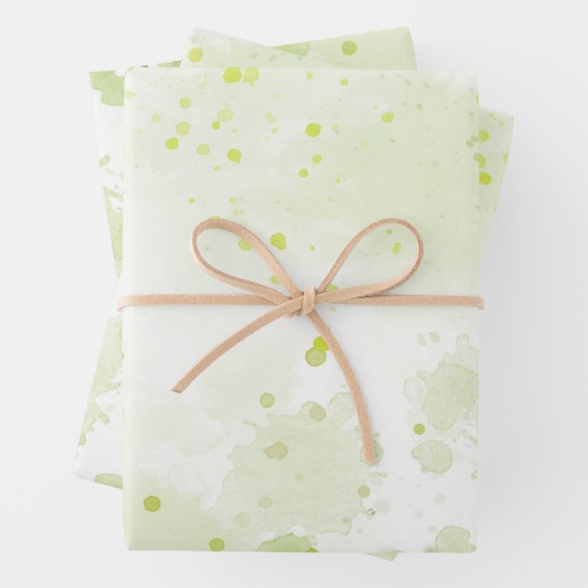 Watercolor Splatters Green and Sage Wrapping Paper Sheet (In situ)