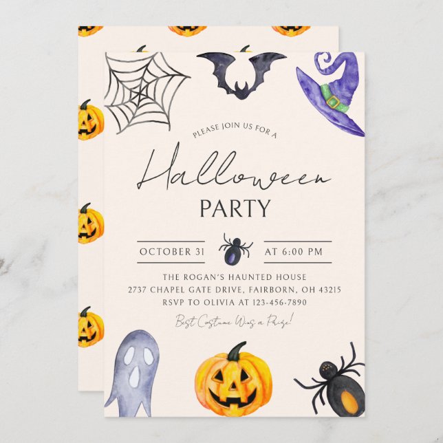 Watercolor Spooky Fun Halloween Party Invitation (Front/Back)