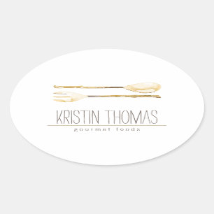Watercolor Spoon and Fork Catering Oval Sticker