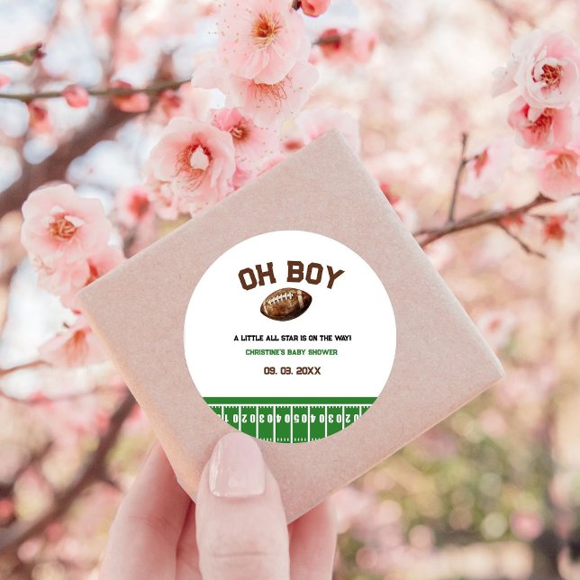 Watercolor Sport Football Baby Shower  Classic Round Sticker (Creator Uploaded)