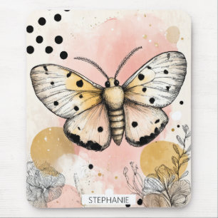 Watercolor Spotted Tiger Moth Pink Gold Boho Art Mouse Pad