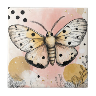 Watercolor Spotted Tiger Moth Pink Gold Boho Art Tile