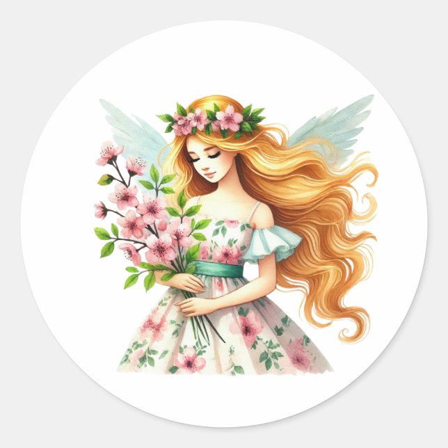 Watercolor Spring Baby Fairy Classic Round Sticker (Front)