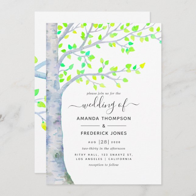 Watercolor Spring Birch Tree Wedding invitation (Front/Back)