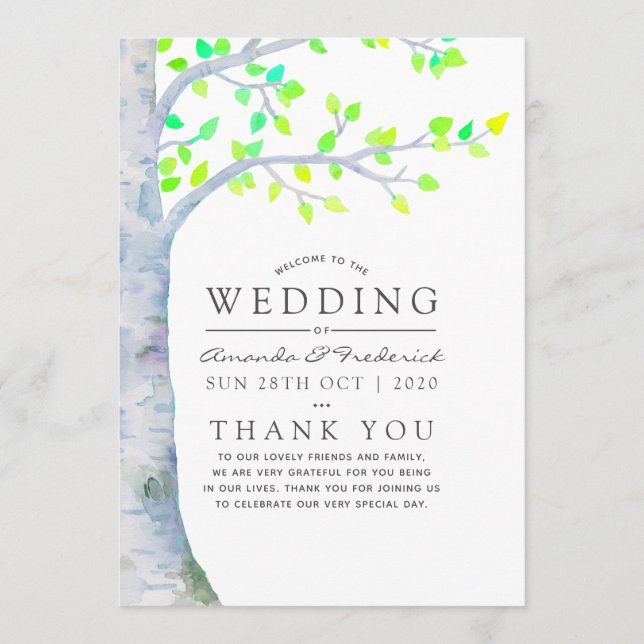 Watercolor Spring Birch Tree Wedding Programme (Front)