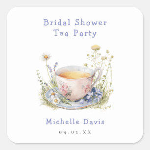 Watercolor Spring Bridal Shower Tea Party Square Sticker