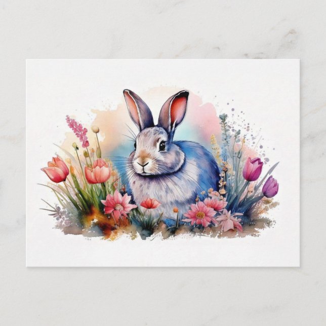 Watercolor Spring Bunny Postcard - Floral Rabbit  (Front)