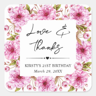 Watercolor Spring Cherry Blossom Birthday Party Square Sticker