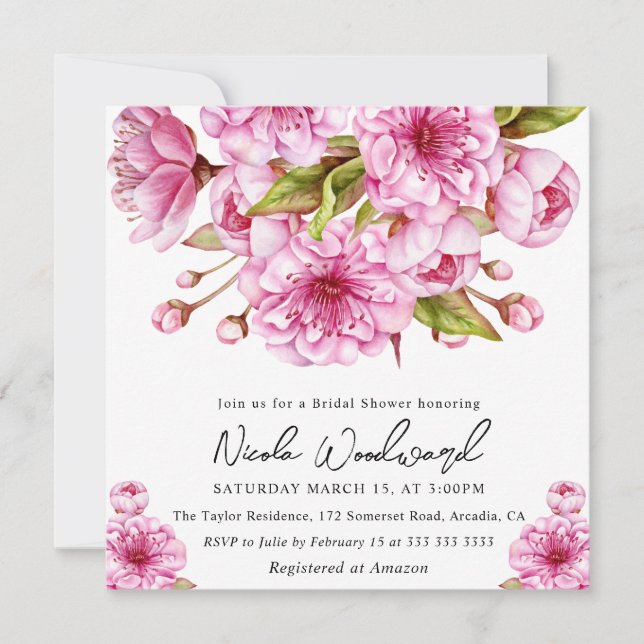 Watercolor Spring Cherry Blossom Bridal Shower Invitation (Front)
