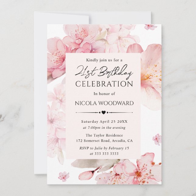 Watercolor Spring Cherry Blossoms 21st Birthday Invitation (Front)