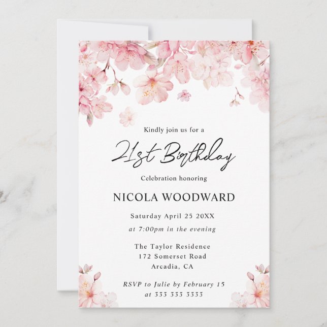 Watercolor Spring Cherry Blossoms 21st Birthday Invitation (Front)