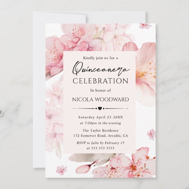 Watercolor Spring Cherry Blossoms Quinceanera Invitation (Front)
