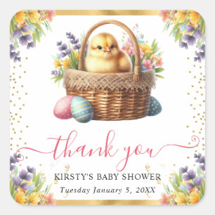 Watercolor Spring Chick Basket Baby Shower Square Sticker