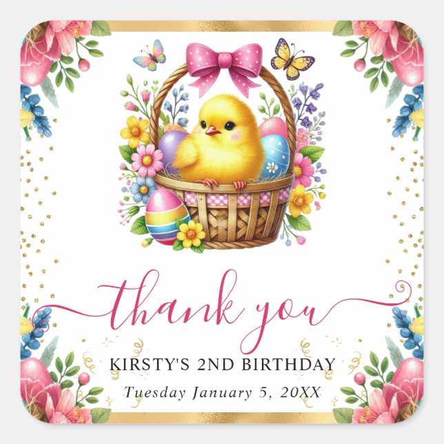 Watercolor Spring Chick Basket Birthday Square Sticker (Front)