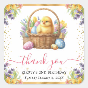 Watercolor Spring Chick Basket Birthday Square Sticker