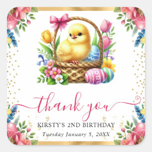 Watercolor Spring Chick Basket Birthday Square Sticker