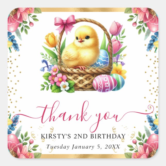 Watercolor Spring Chick Basket Birthday Square Sticker (Front)