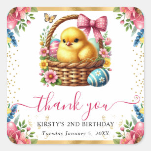 Watercolor Spring Chick Basket Birthday Square Sticker