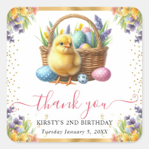 Watercolor Spring Chick Basket Birthday Square Sticker