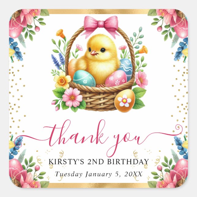 Watercolor Spring Chick Basket Birthday Square Sticker (Front)