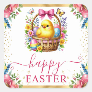 Watercolor Spring Chick Basket Easter Square Sticker