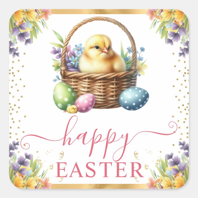 Watercolor Spring Chick Basket Easter Square Sticker (Front)