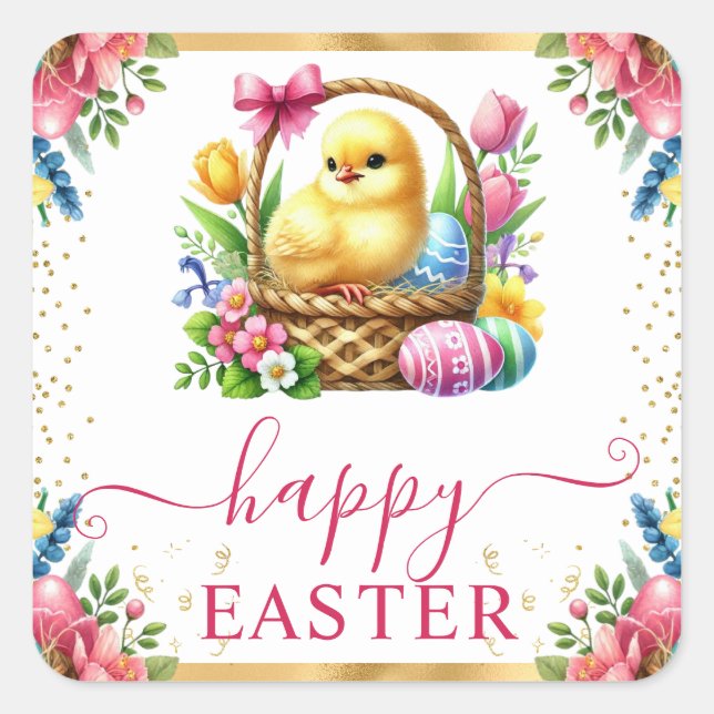 Watercolor Spring Chick Basket Easter Square Sticker (Front)