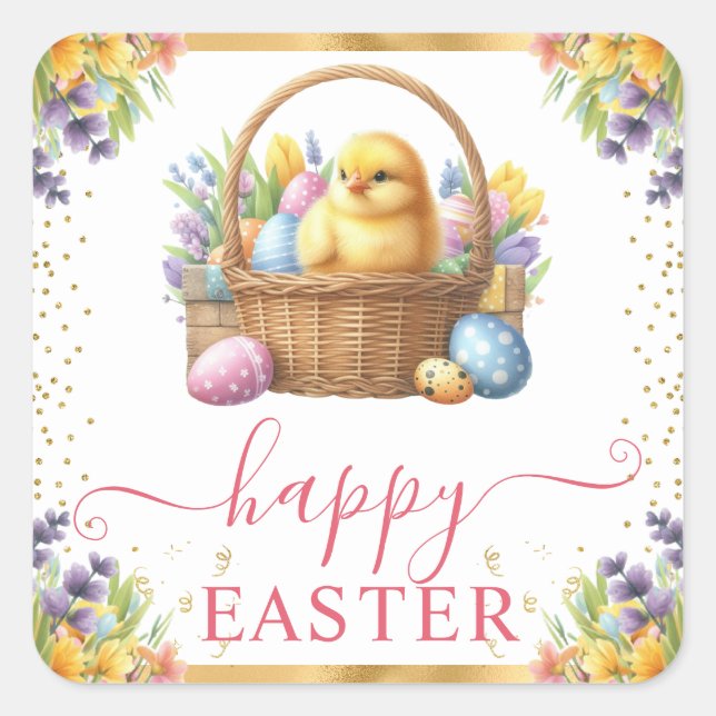Watercolor Spring Chick Basket Easter Square Sticker (Front)