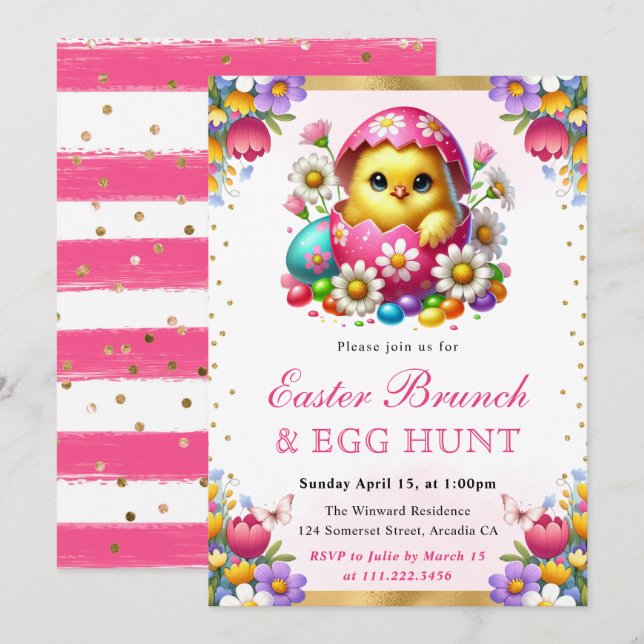 Watercolor Spring Chick in Egg Easter Brunch Invitation (Front/Back)
