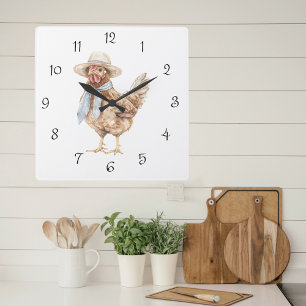 Watercolor Spring Chicken in Hat Country Kitchen Square Wall Clock