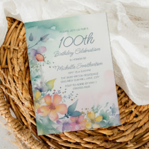 Watercolor Spring Floral 100th Birthday Invitation