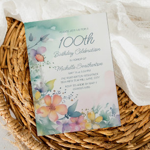 Watercolor Spring Floral 100th Birthday Invitation