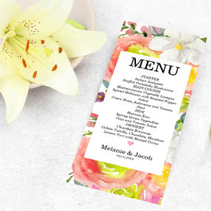 Watercolor Spring floral 4x9 flat Menu Card