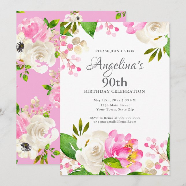 Watercolor Spring Floral 90th Birthday Invitation (Front/Back)