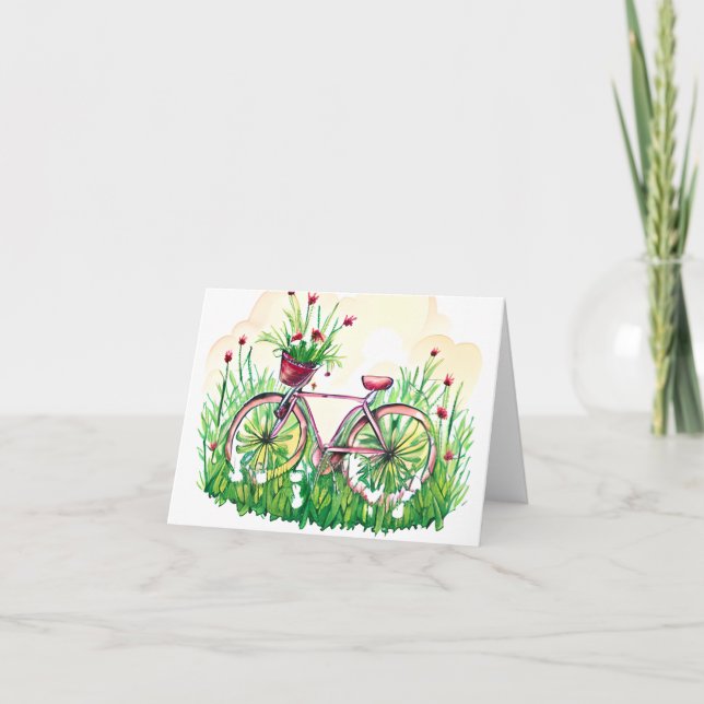 Watercolor spring floral bicycle customisable card (Front)