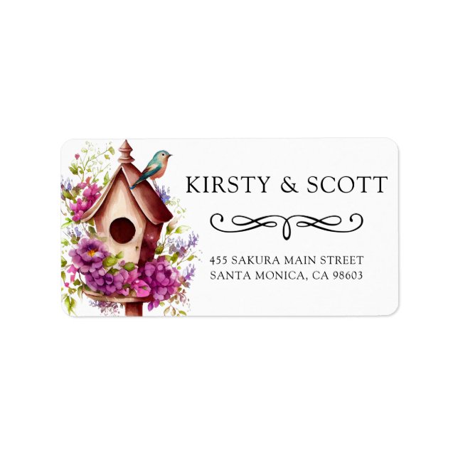 Watercolor Spring Floral Birdhouse Address Label (Front)