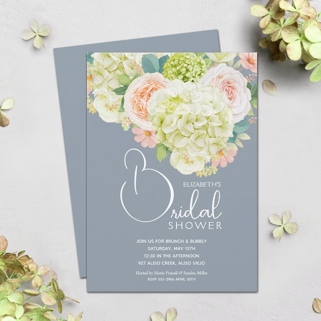 Watercolor Spring Floral Bridal Shower Invitation (Hydrangeas and Roses Dusty Blue Bridal Shower Invitations)