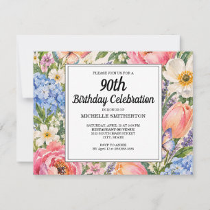 Watercolor Spring Floral Butterfly 90th Birthday Invitation