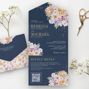 Watercolor Spring Floral Gold QR Code Navy Wedding All In One Invitation