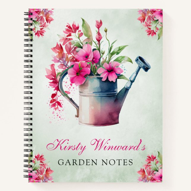 Watercolor Spring Floral Watering Can Garden Notes Notebook (Front)